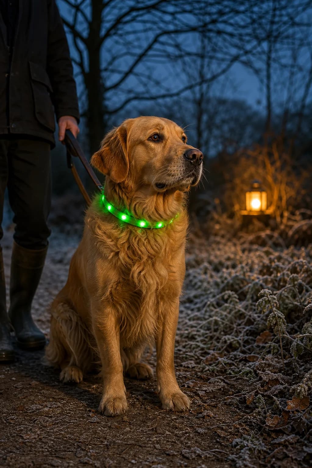 A golden retriever wearing a glowing green LED collar on a frosty woodland walk at dusk